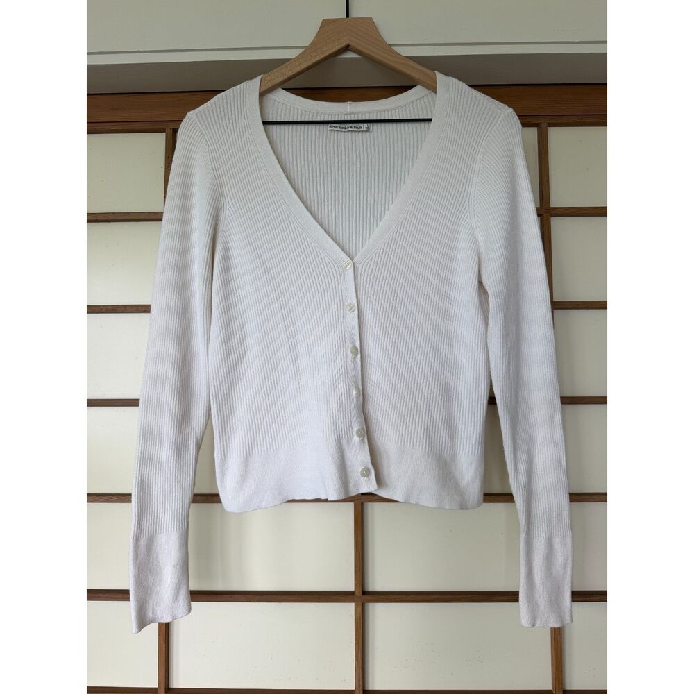 Abercrombie & Fitch White Ribbed V-Neck Button Cardigan Sweater L